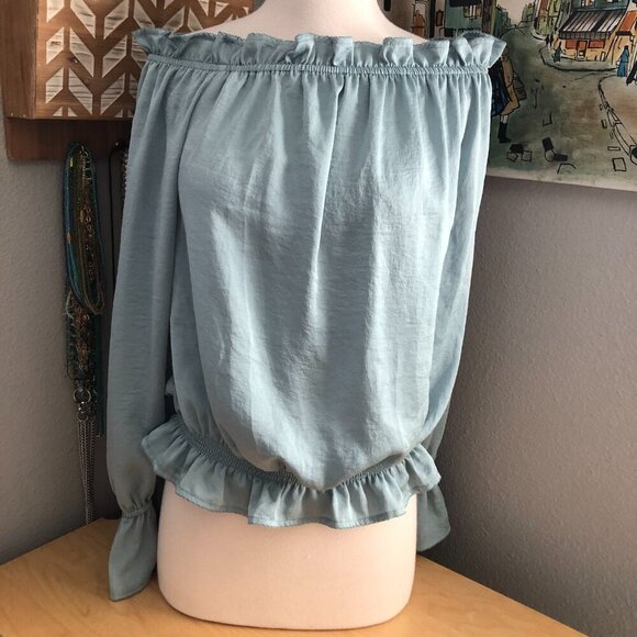 Express Satin Blouson Blouse size M Light Blue Off the Shoulder Ruffled Sleeve - Picture 2 of 9